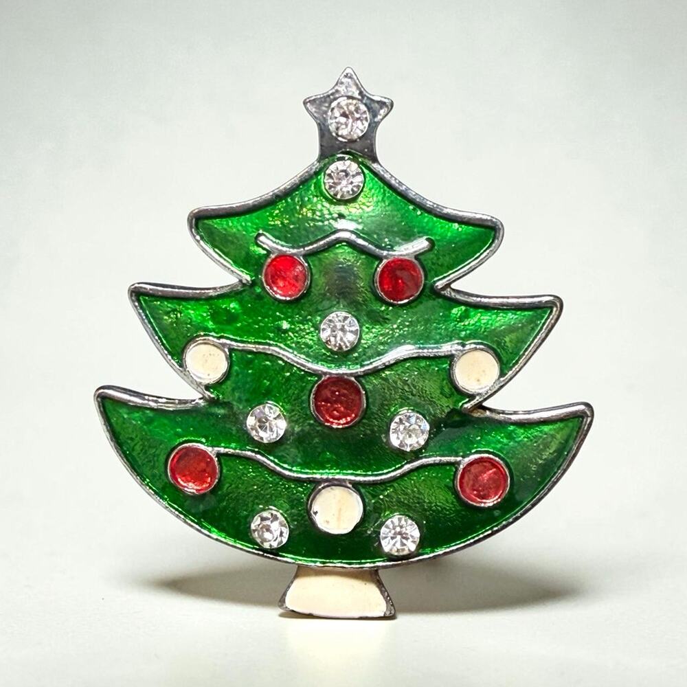 Christmas Tree Enamel Brooch Pin Green Red White 1.75 in